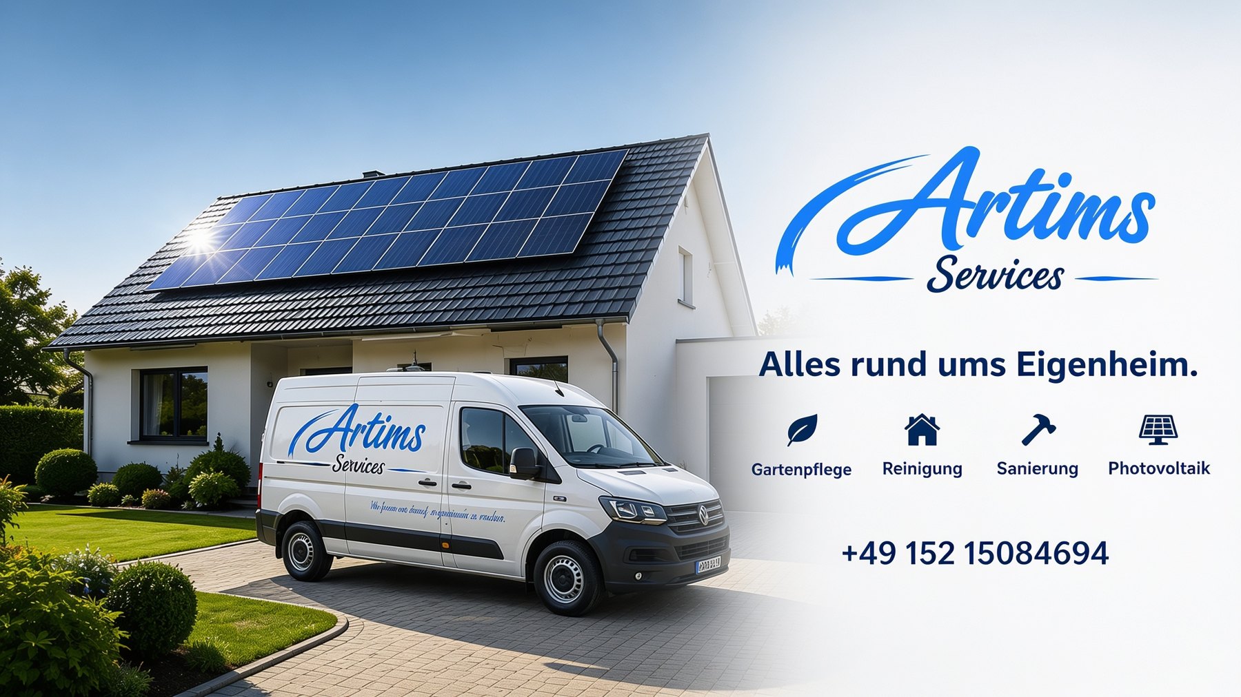 Artims Services — Alles rund ums Eigenheim. Gartenpflege, Reinigung, Sanierung, Photovoltaik. Telefon +49 152 15084694